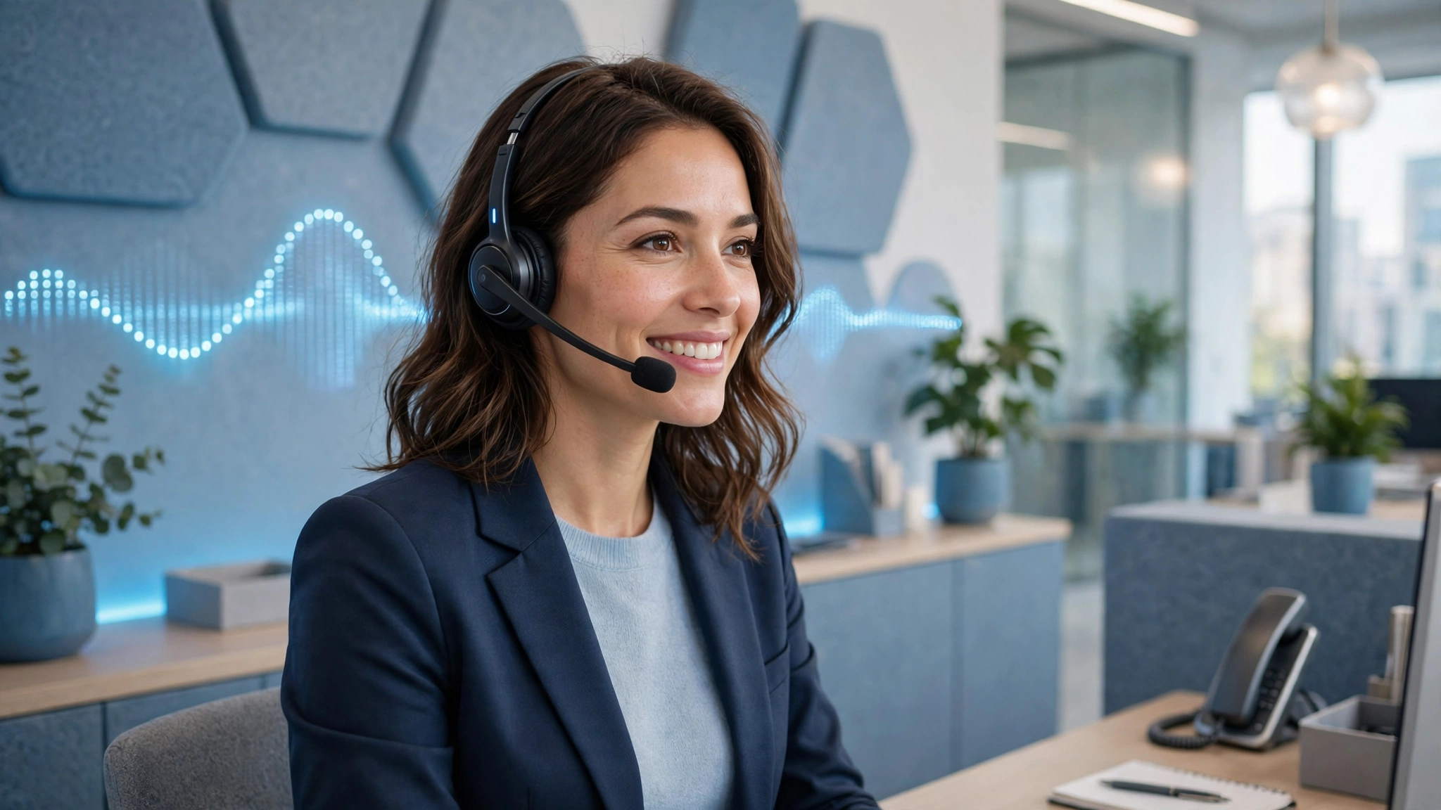 A VictorTel agent with a headset in a bright, modern office